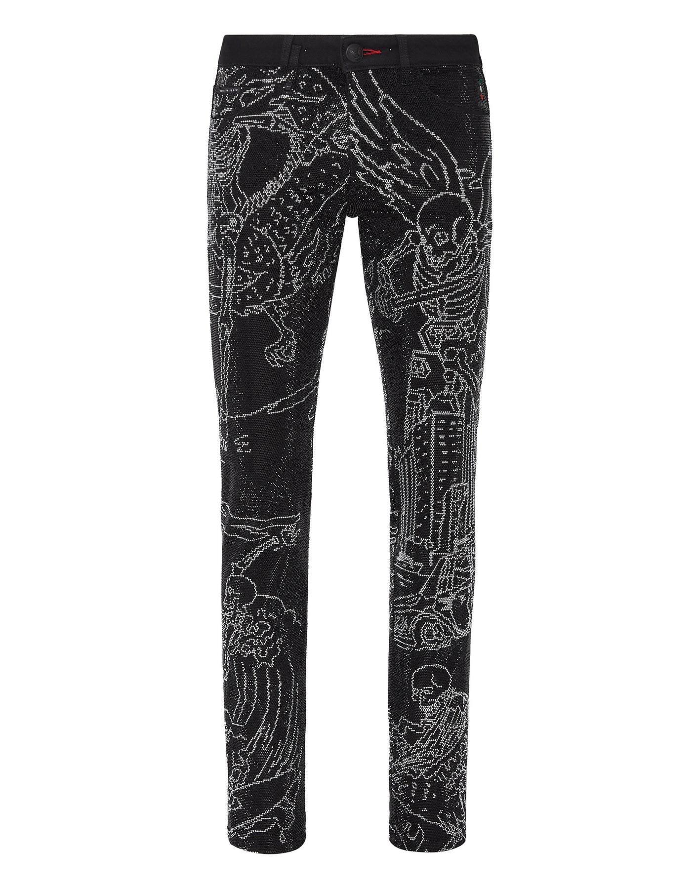 Denim Hose Super Straight Cut Strass Skelett Tattoo mit Kristallen