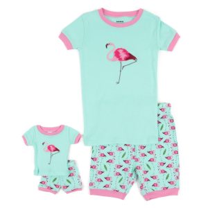 Mädchen und passende Puppe kurze Pyjamas Flamingo