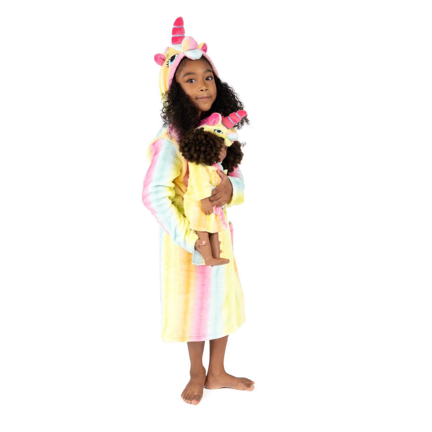 Weihnachten Mädchen und passende Puppe Fleece mit Kapuze Bademantel Regenbogen