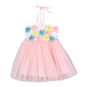 Mädchen rosa Halfter mit Blumenmuster applique Blumenmädchen Kleid 12M-7