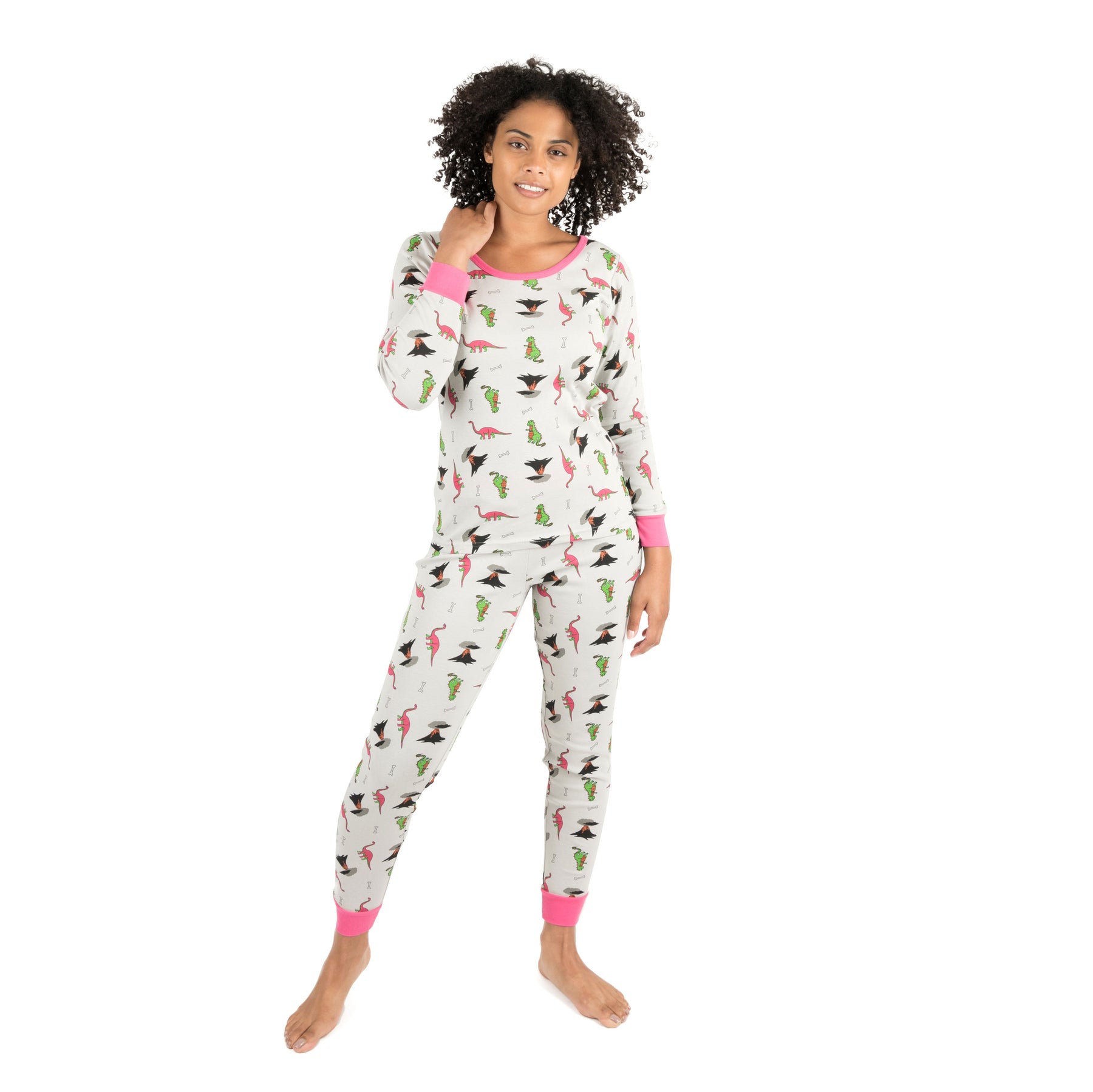 Damen zweiteilige Baumwolle Pyjamas Dinosaurier grau