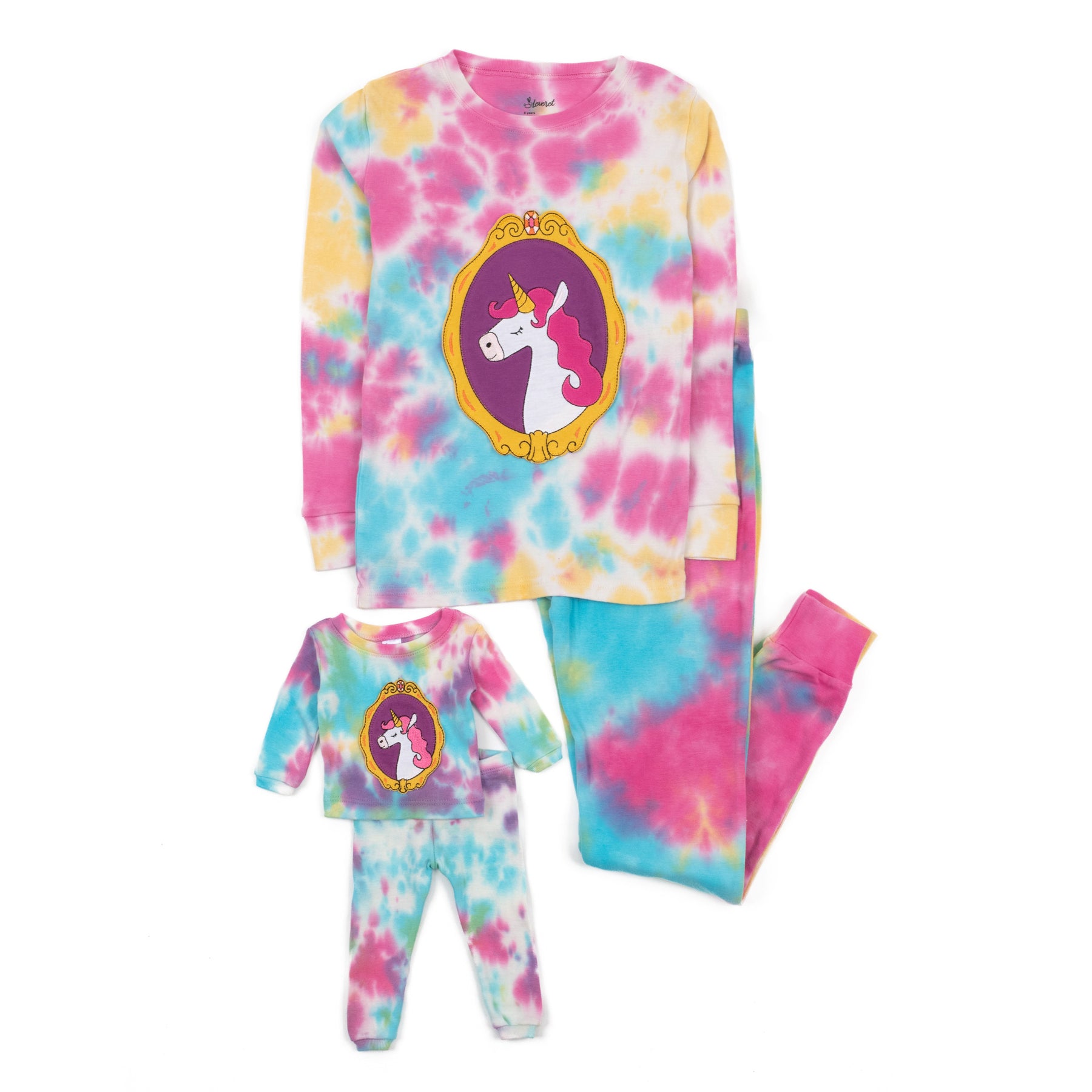 Mädchen und passende Puppe Baumwolle Pyjamas Batikmuster Einhorn Regenbogen