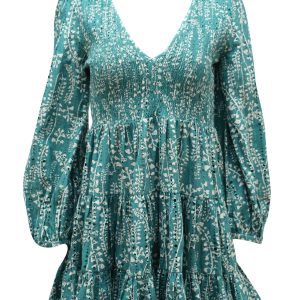 Rixo Sasha Langarm-Minikleid aus grüner Baumwolle 7765030109244