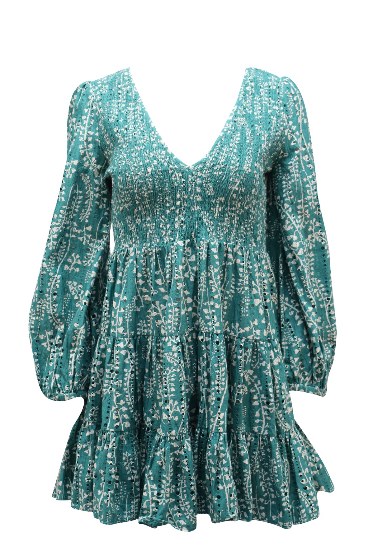 Rixo Sasha Minikleid mit langen Ärmeln aus grüner Baumwolle