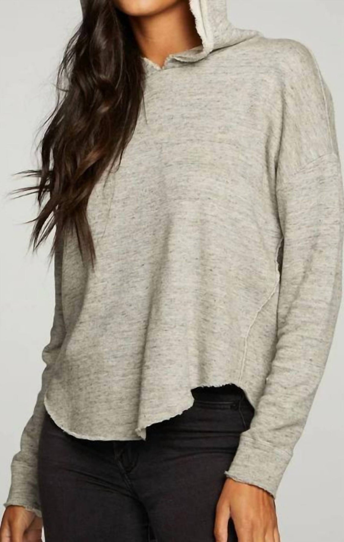 Leinen Französisch Terry Langarm Shirttail Pullover Kapuzenpullover in Heather Grau