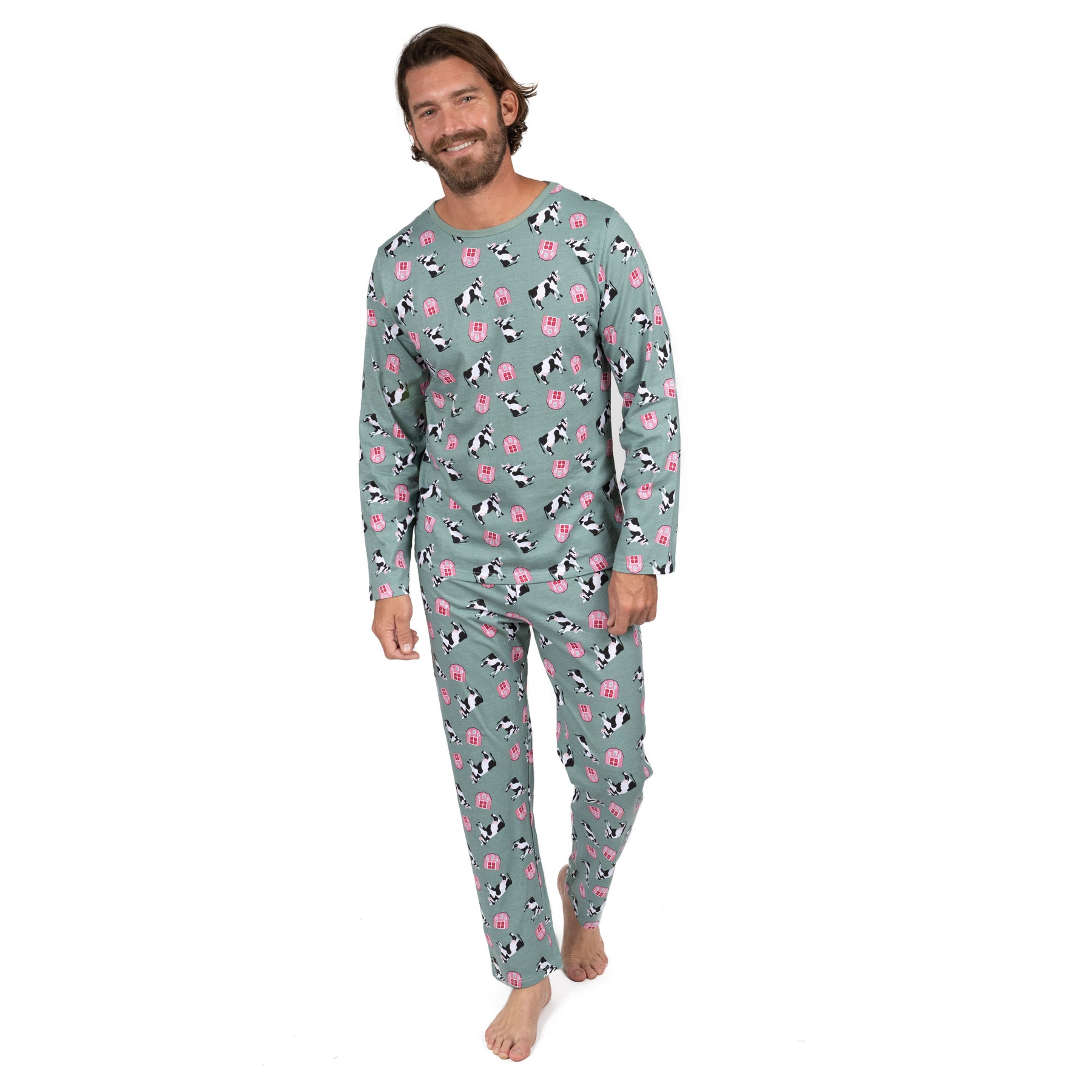 Herren zwei Stück Baumwolle locker Fit Pyjamas Kuh grün