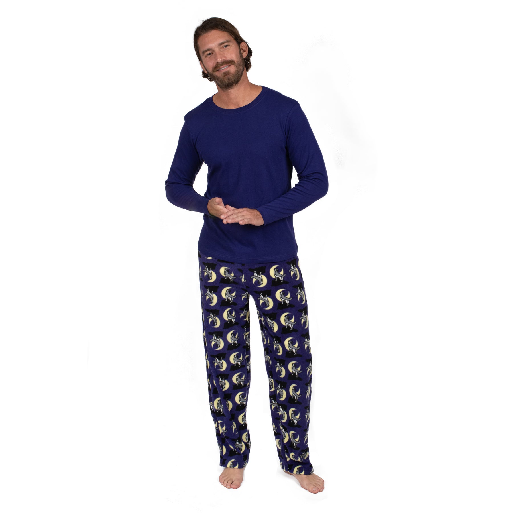 Herren Baumwoll Top und Fleece Hose Pyjamas Wolf