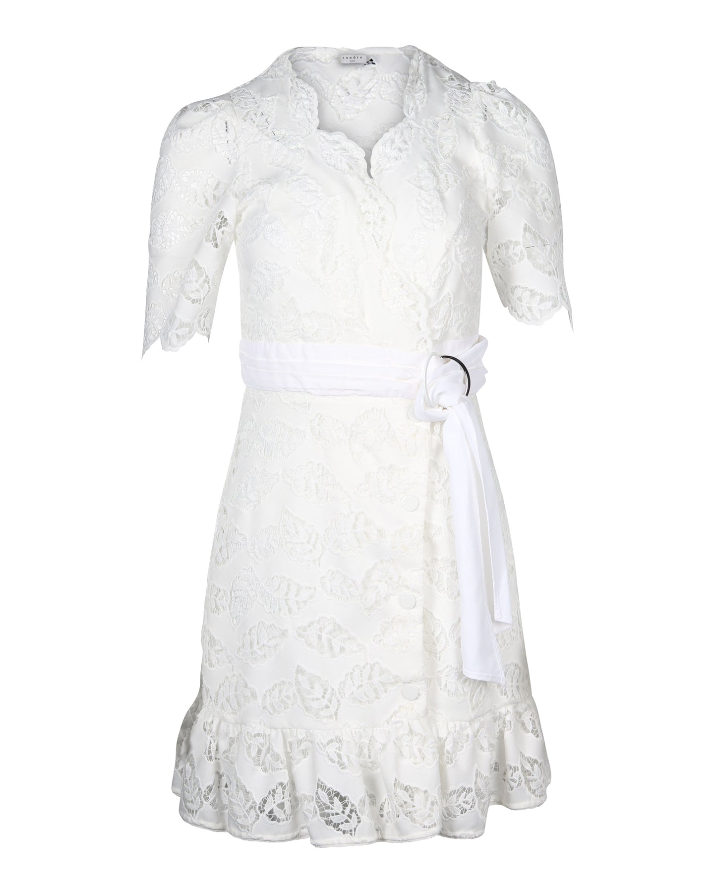 Sandro Paris Zany Gathered Broderie Anglaise Mini Wickelkleid aus weißem Polyester