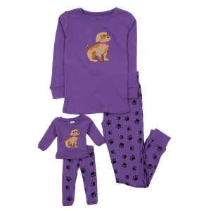 Mädchen und passende Puppe Baumwolle Pyjama Hund Pfote lila