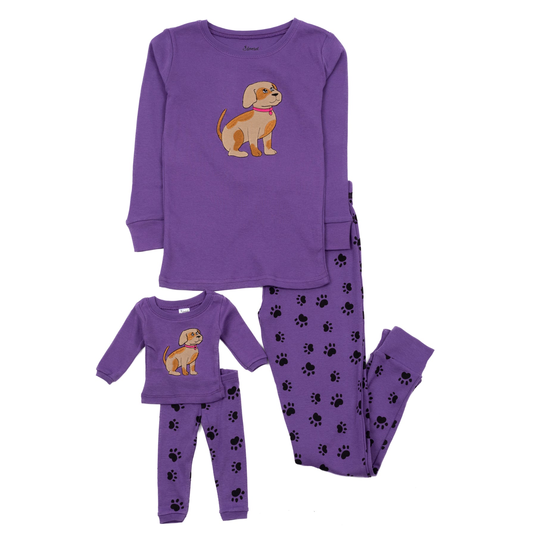 Mädchen und passende Puppe Baumwolle Pyjamas Dog Paw Lila