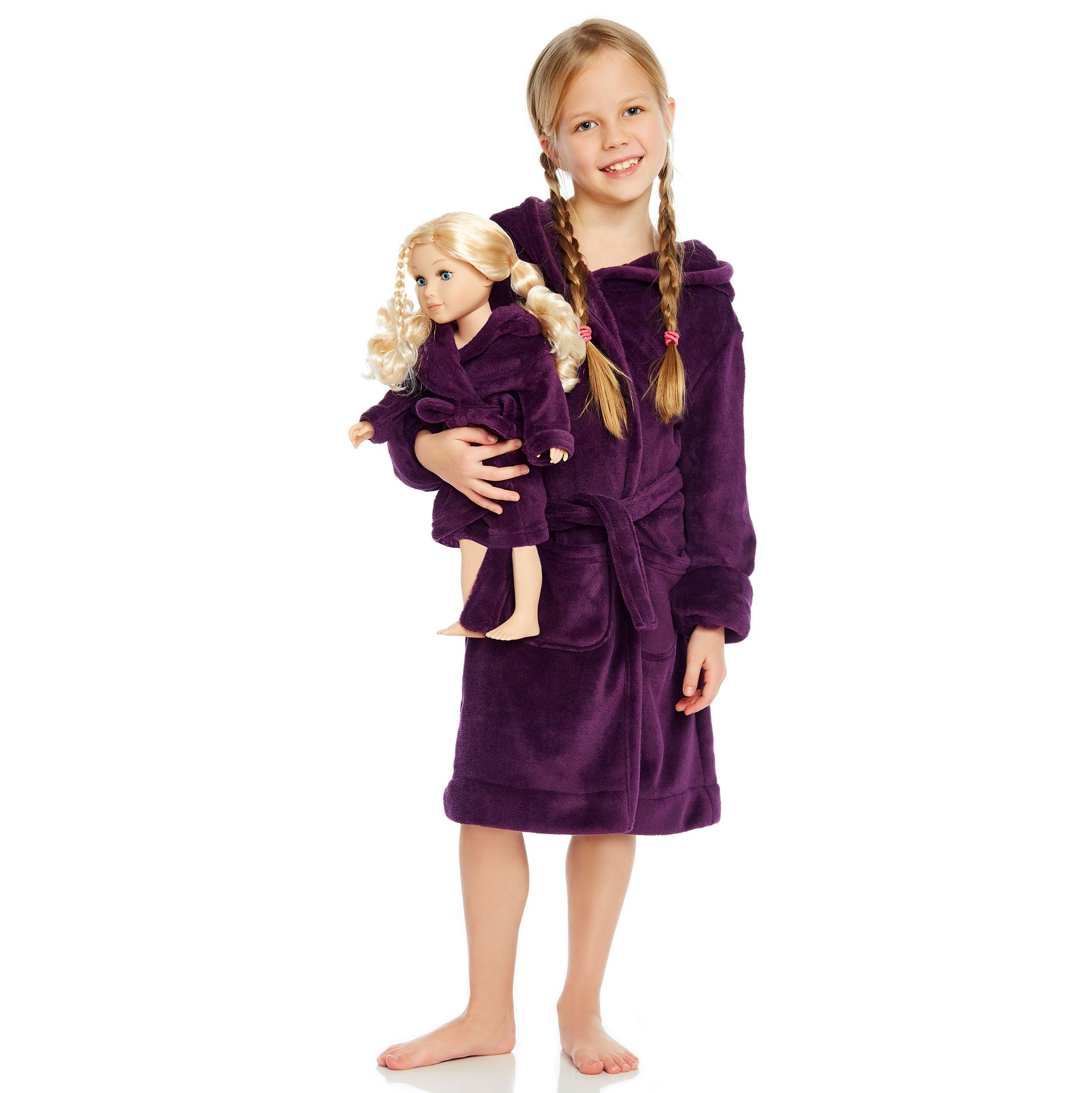 Mädchen und passende Puppe Fleece mit Kapuze Bademantel Volltonfarbe