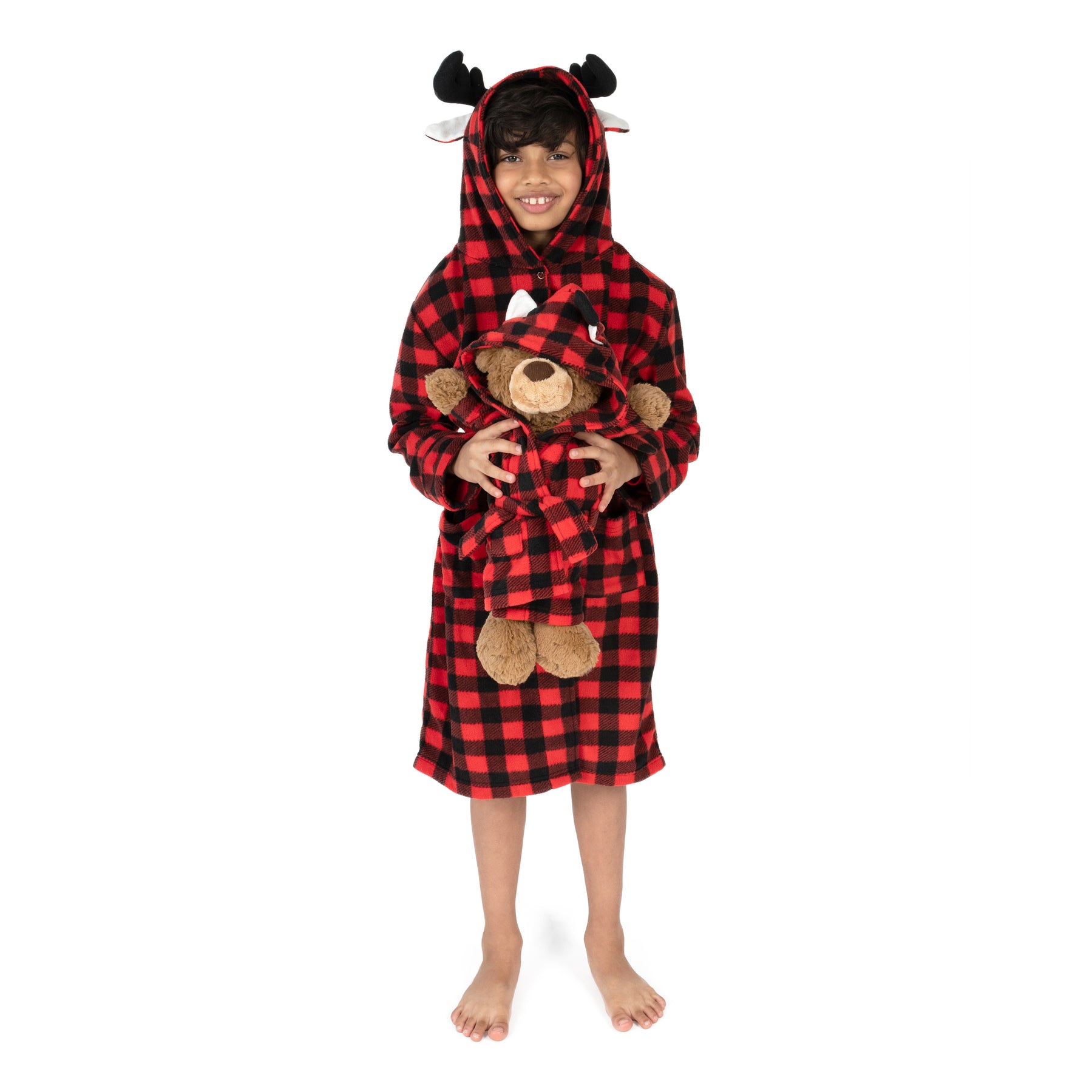 Weihnachtsmädchen und passende Puppe Fleece mit Kapuze Bademantel Elch