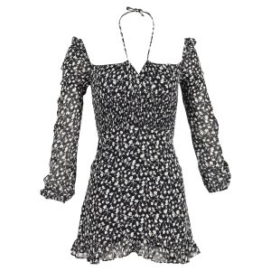 Reformation Minikleid mit Blumenmuster aus schwarzem Polyester