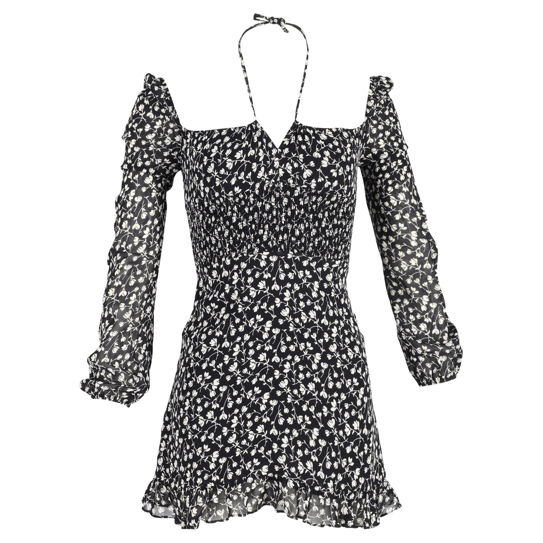Reformation Minikleid mit Blumenmuster aus schwarzem Polyester