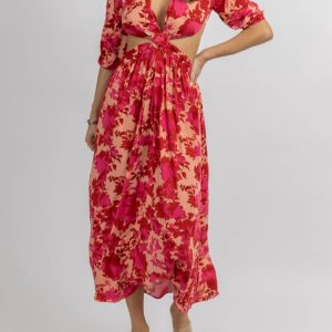 Cutout Cross Midikleid in heißem rosa Blumen