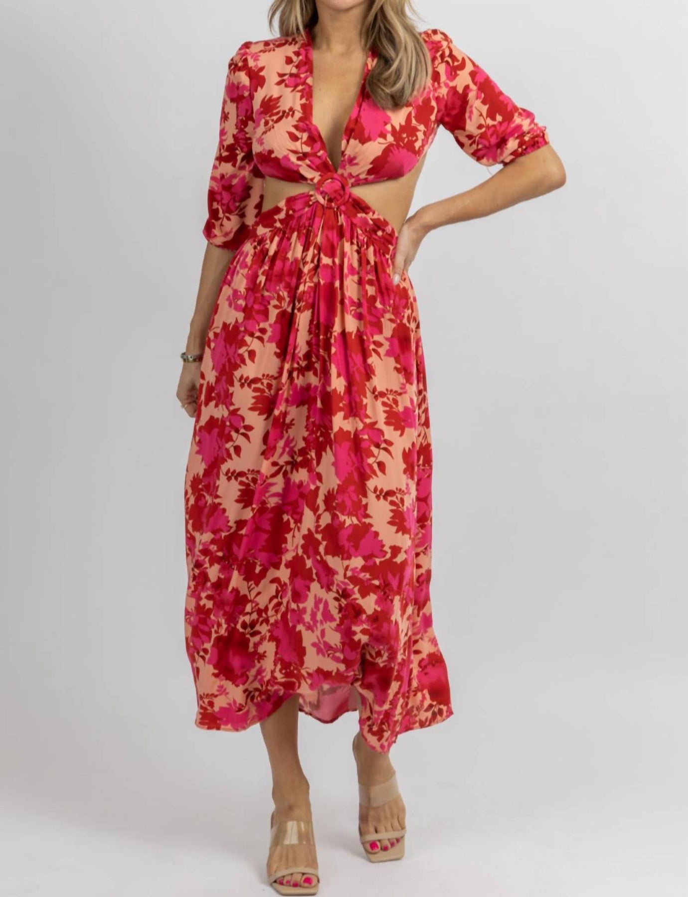 Ausschnitt Kreuz Midi Kleid in heißen rosa Blumen