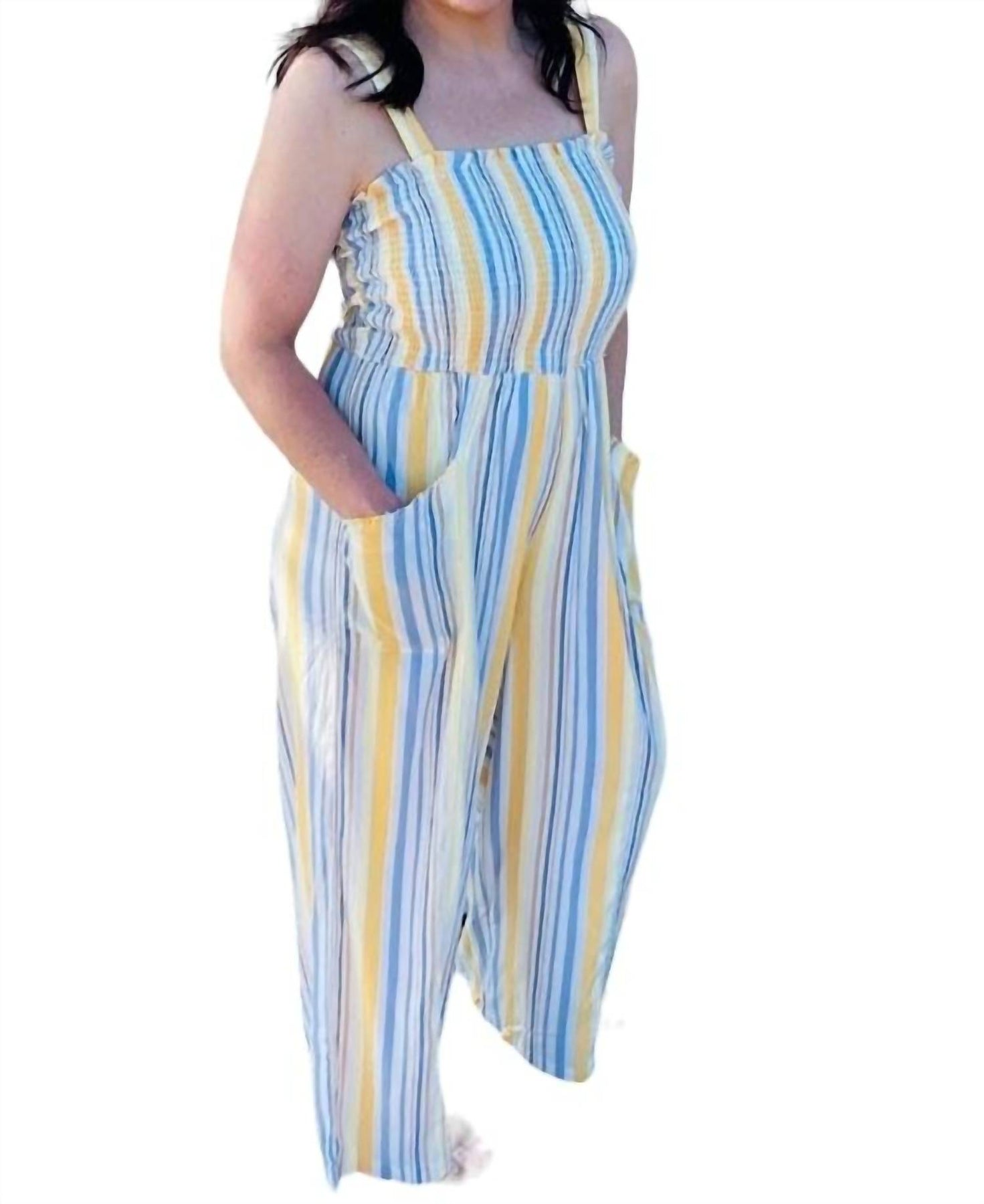 Smocked Jumpsuit in gelb und blau Streifen