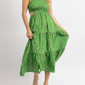 One Shoulder Hollow Midikleid in grüner Blumen-Print