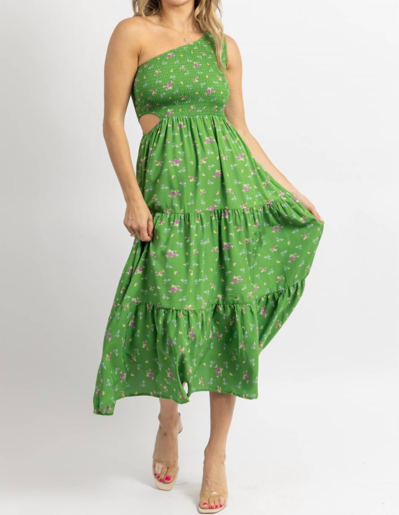 Eine Schulter hohlen Midi-Kleid in grün Blumenmuster