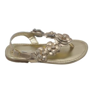 Tanga-Sandalen mit goldener Blumen- und Blütenakzent-Schnalle für Mädchen, 7–10 Kleinkinder