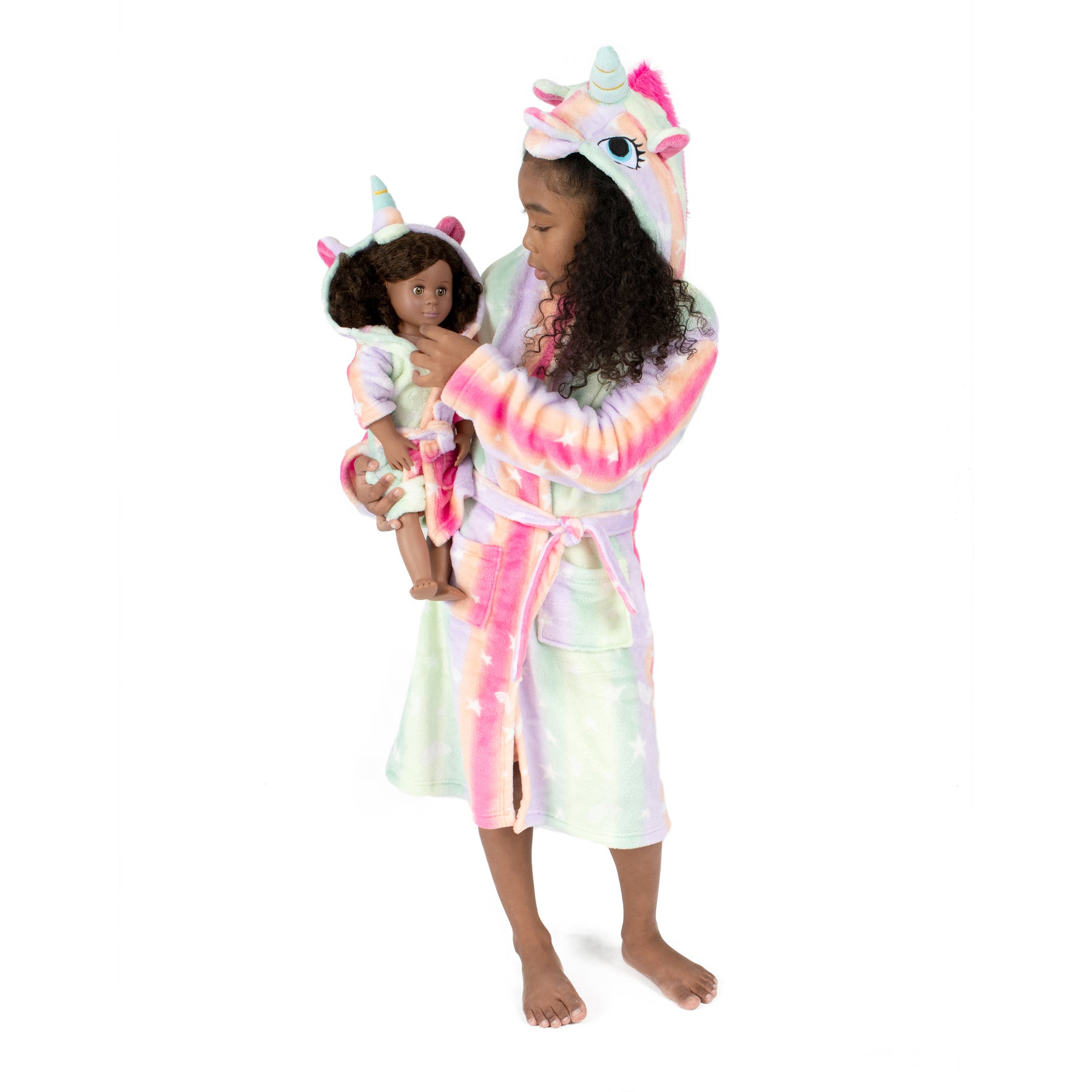 Weihnachtsmädchen und passende Puppe Fleece mit Kapuze Bademantel Stars