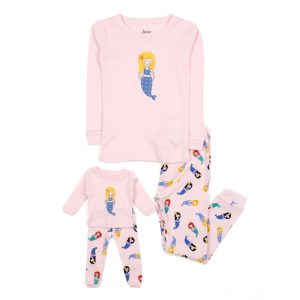 Mädchen und passende Puppe Baumwolle Pyjama Meerjungfrau