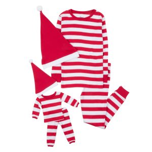 Weihnachten Mädchen und passende Puppe Baumwolle Pyjamas gestreift rot und weiß mit Hut