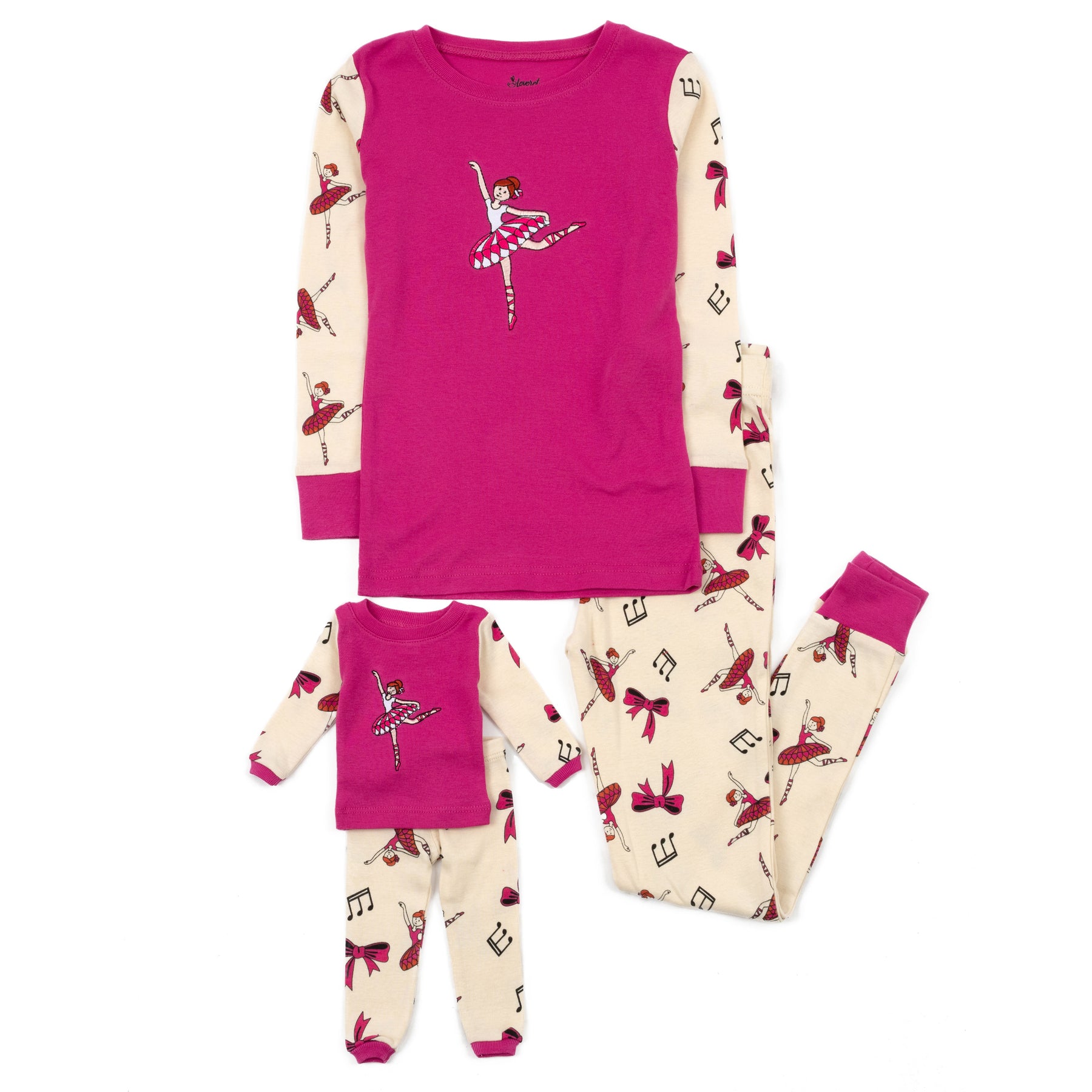 Mädchen und passende Puppe Baumwolle Pyjamas Ballerina Hot Rosa