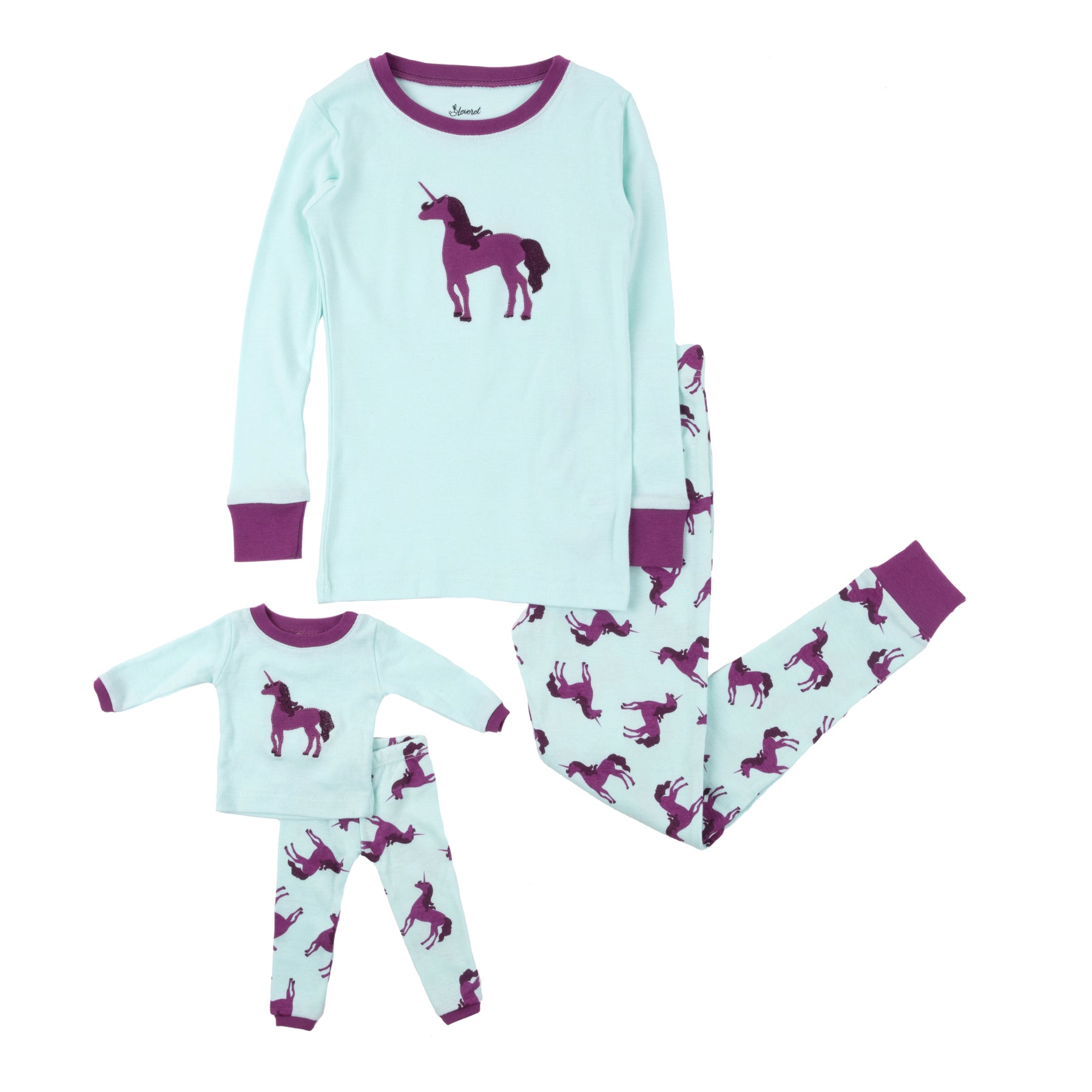 Mädchen und passende Puppe Baumwolle Pyjamas Einhorn lila