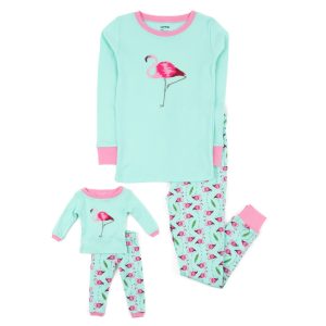 Mädchen und passende Puppe Baumwolle Pyjamas Flamingo
