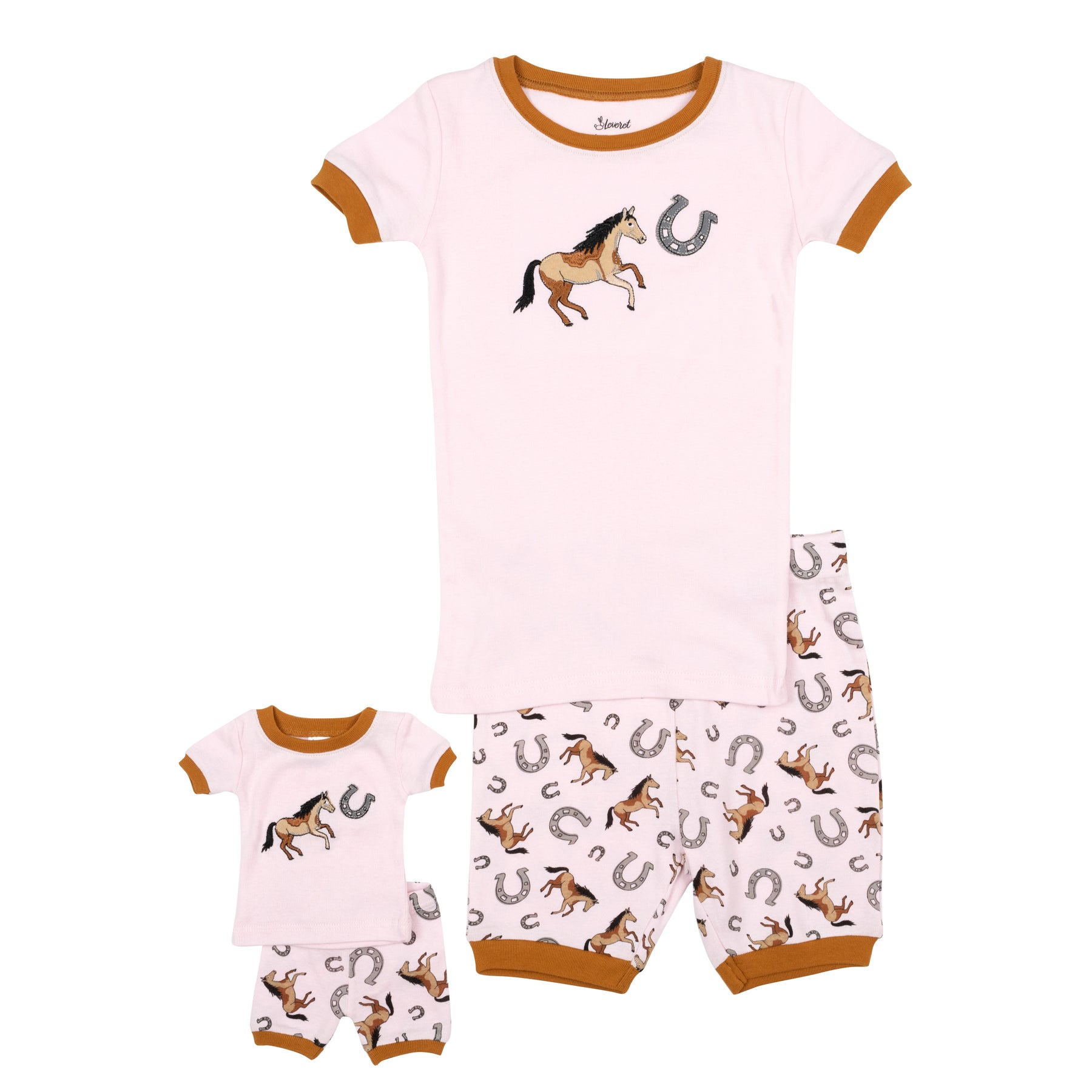 Mädchen und passende Puppe Kurzer Pyjama Rosa Horse