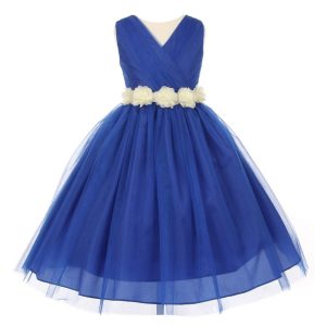 Blumenmädchenkleid für kleine Mädchen, Königsblau, Elfenbein, Chiffon, Blumenschärpe, Tüll, Größe 2–6