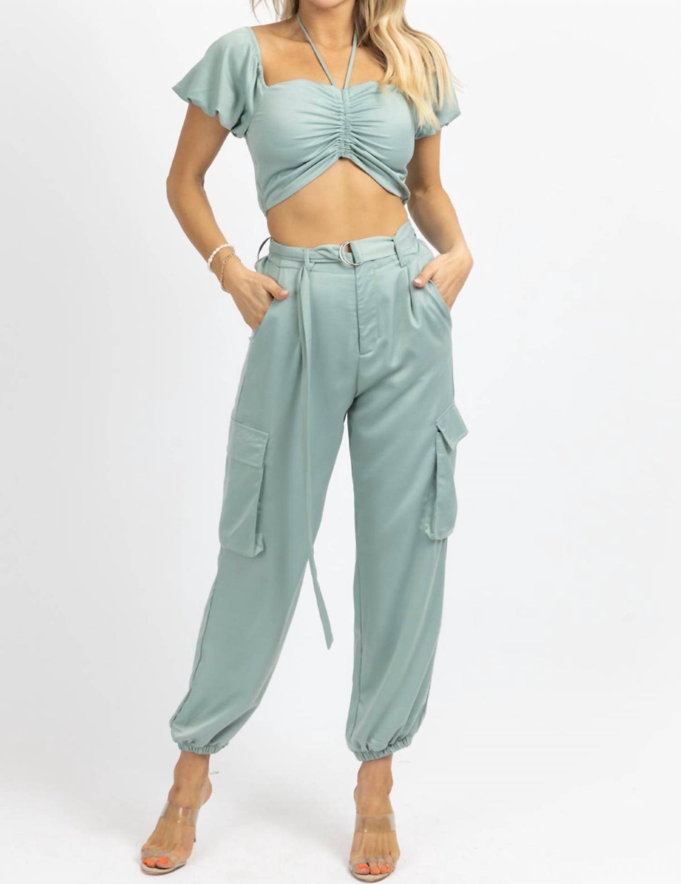 Crop + Cargo Jogger Hose Set in Jade