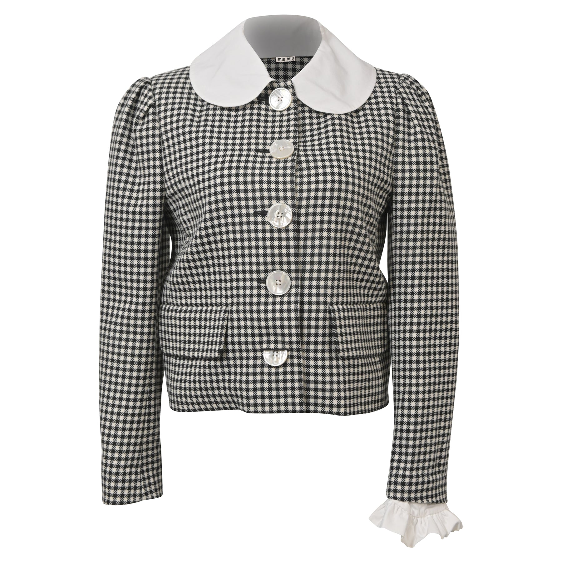 Miu Miu Jacke mit Gingham-Knöpfen aus schwarzer Wolle