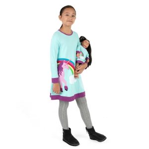 Mädchen und passende Puppe Baumwolle Kleid Aqua Einhorn