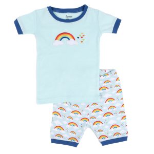 Kinder zwei Stück Baumwolle kurze Pyjamas blau Regenbogen