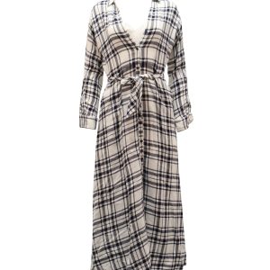 Theory Checkered V-Ausschnitt langarm Maxikleid in weißer Viskose 7765064089660