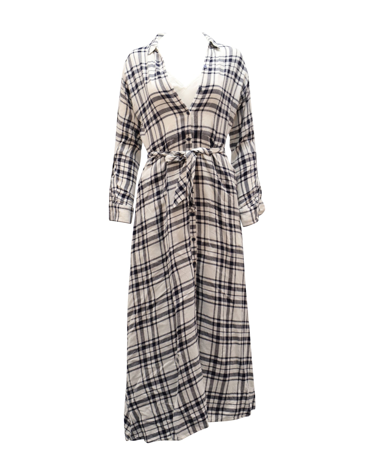 Theory Kariertes Langarm-Maxikleid mit V-Ausschnitt in weißer Viskose
