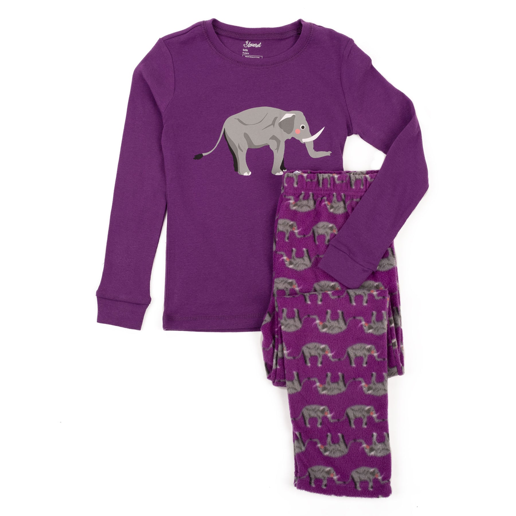 Kinder Baumwolltop und Fleecehose Pyjamas Violett Elephant