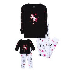 Mädchen und passende Puppe Baumwolle Pyjamas Einhorn schwarz