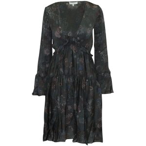 Iro ‘Ciclone’ Tiered florales langärmeliges Kleid aus schwarzer Seide 7765082046524