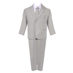 Silberner 5-teiliger klassischer Weste-Jacken-Hosen-Anzug für kleine Jungen, 2–7