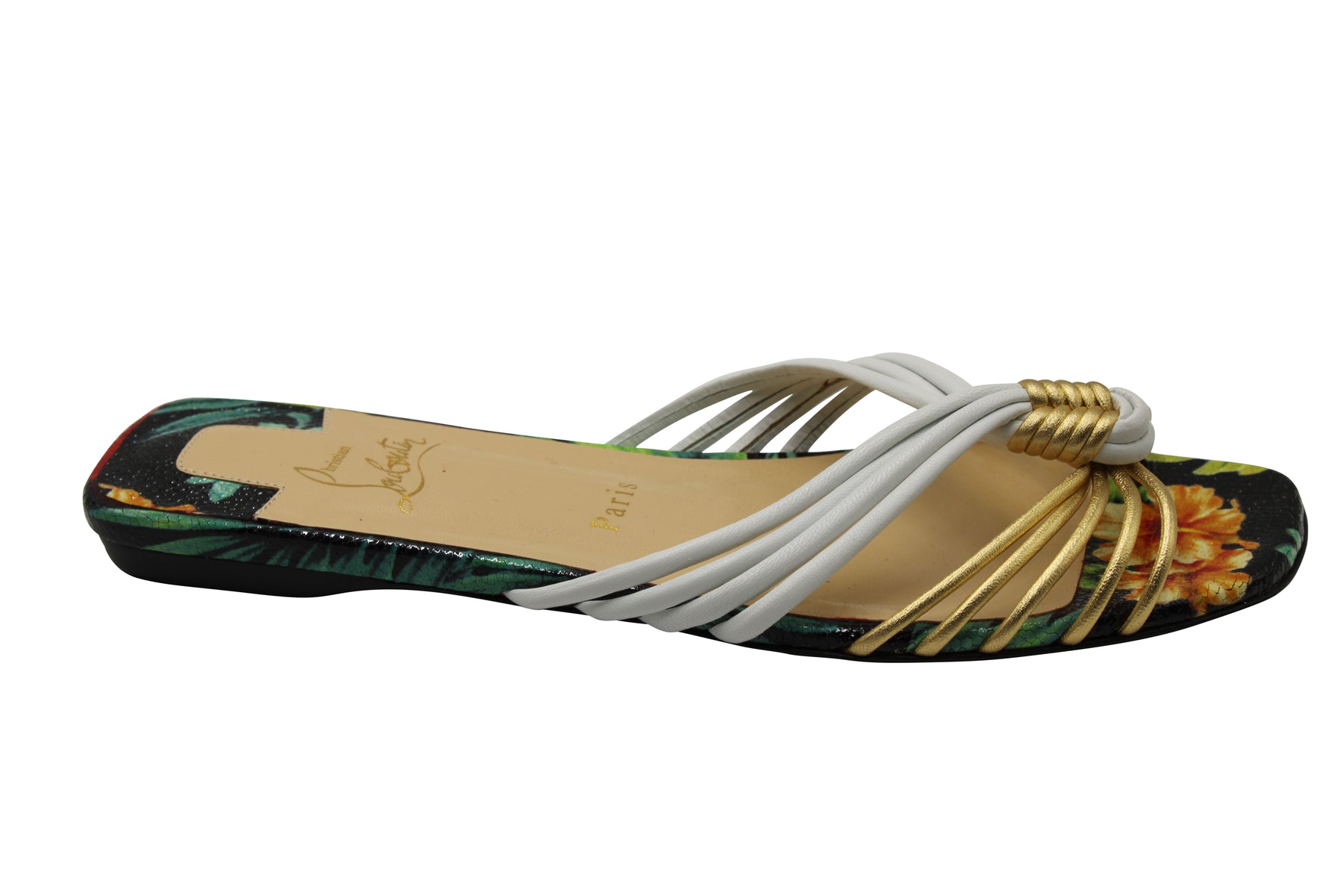 Christian Louboutin O Novt Geknotete flache Sandale mit tropischem Muster aus mehrfarbigem Leder