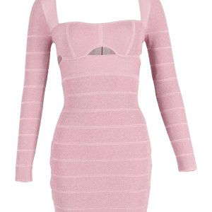 Herve Leger Cutout Langarm-Minikleid aus rosa Polyester