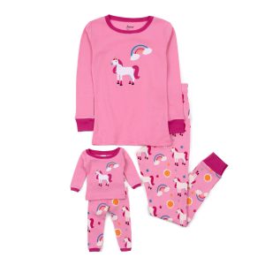 Mädchen und passende Puppe Baumwolle Pyjamas Einhorn Regenbogen