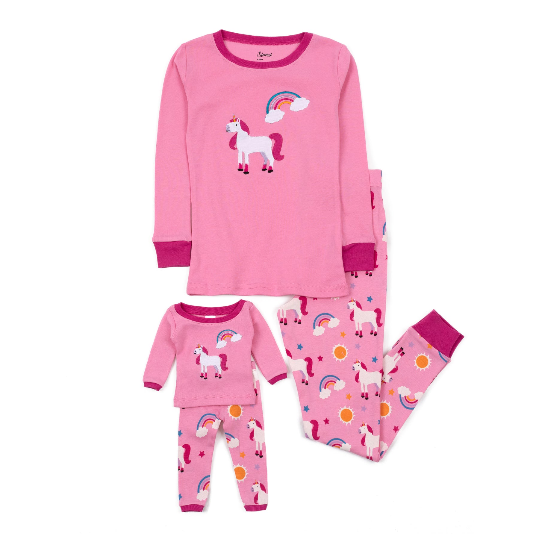 Mädchen und passende Puppe Baumwolle Pyjamas Einhorn Regenbogen