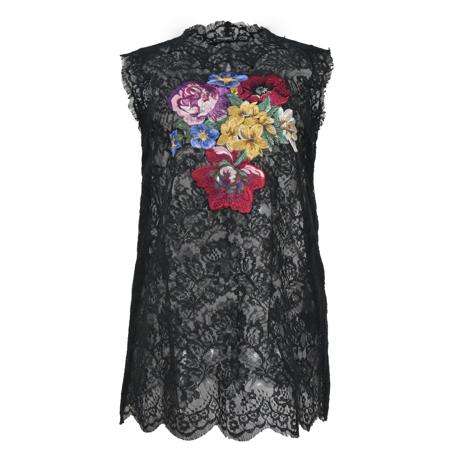 Dolce & Gabbana Ärmellose Spitzenbluse mit Blumenstickerei aus schwarzer Baumwolle