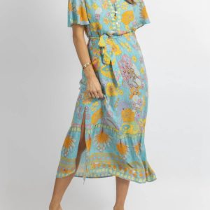 Butterfly Sleeve Midikleid in hellblau blumig