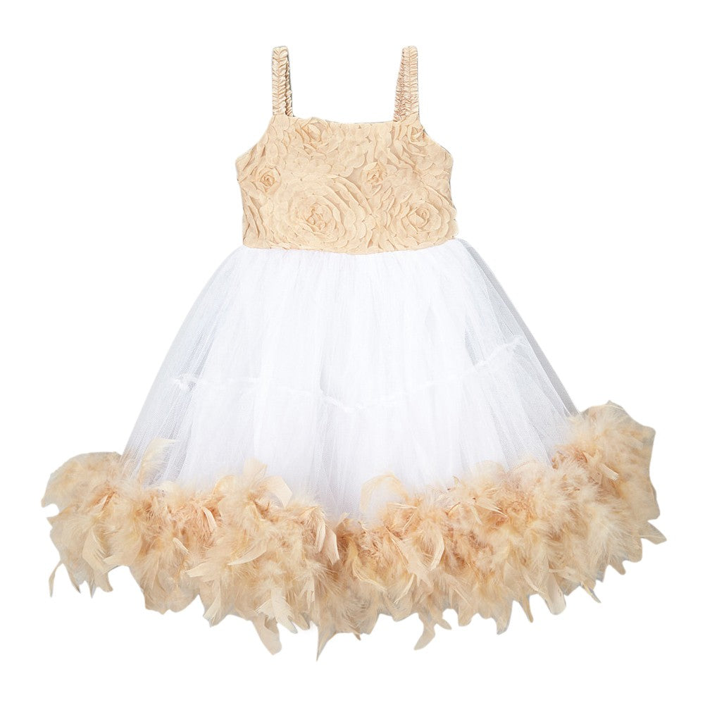 Mädchen Elfenbein Hellbraun Rosette Top Feder Blume Mädchen Kleid 12M-7
