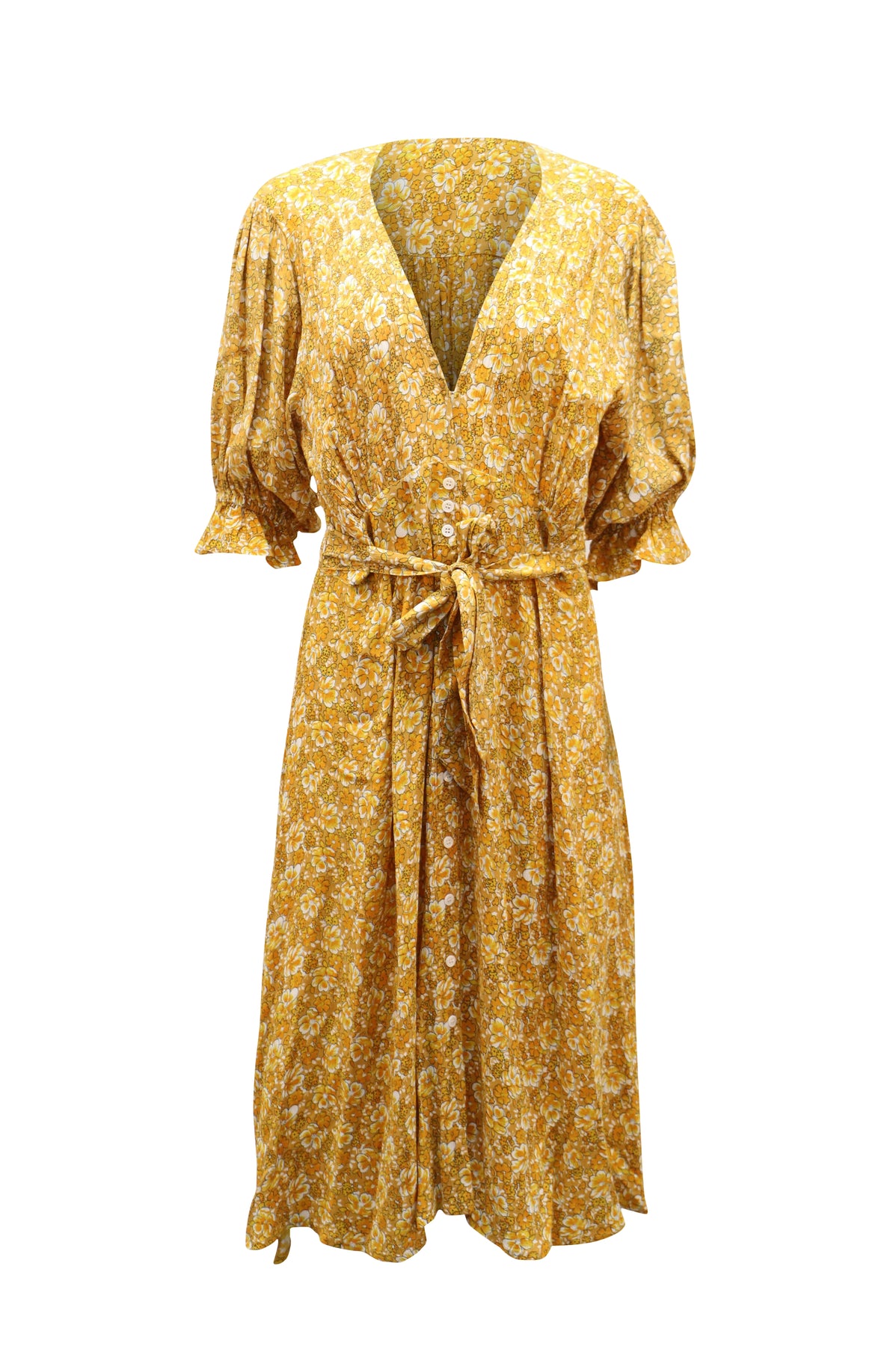 Faithfull Die Marke mit Blumenmuster-Muster Taille Krawatte Midikleid in gelb Viskose